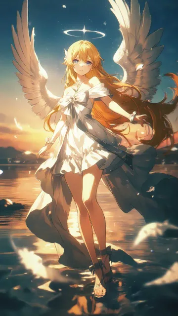 際どい純白の天使衣装と白い翼の美女、夕暮れの光、神聖な光の中