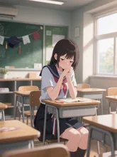 卒業式の後家に帰る前に教室に残り名残惜しそうにする女子高生