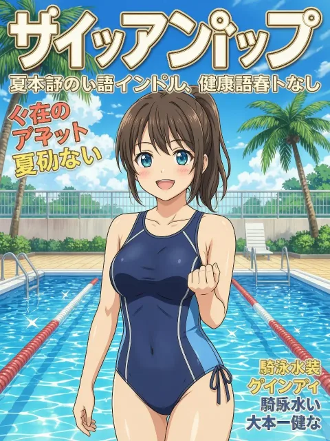 競泳水着の美少女、夏空のプール、健康的なスタイル