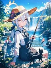 にゃんこと釣りをするアズサ