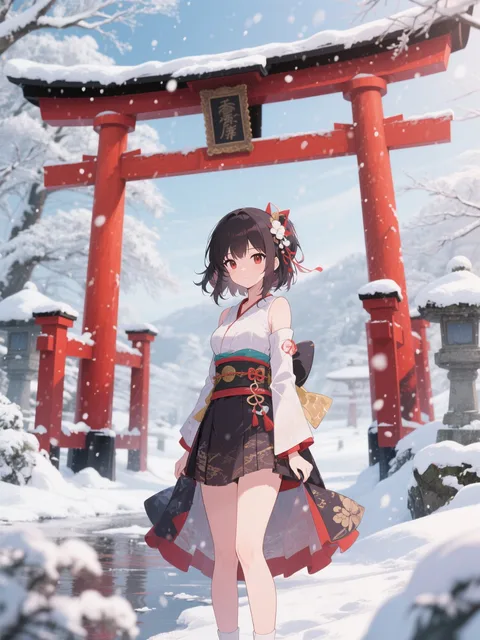 雪景色と赤い鳥居、アニメ少女の組み合わせ - ⛩️初雪の祈り