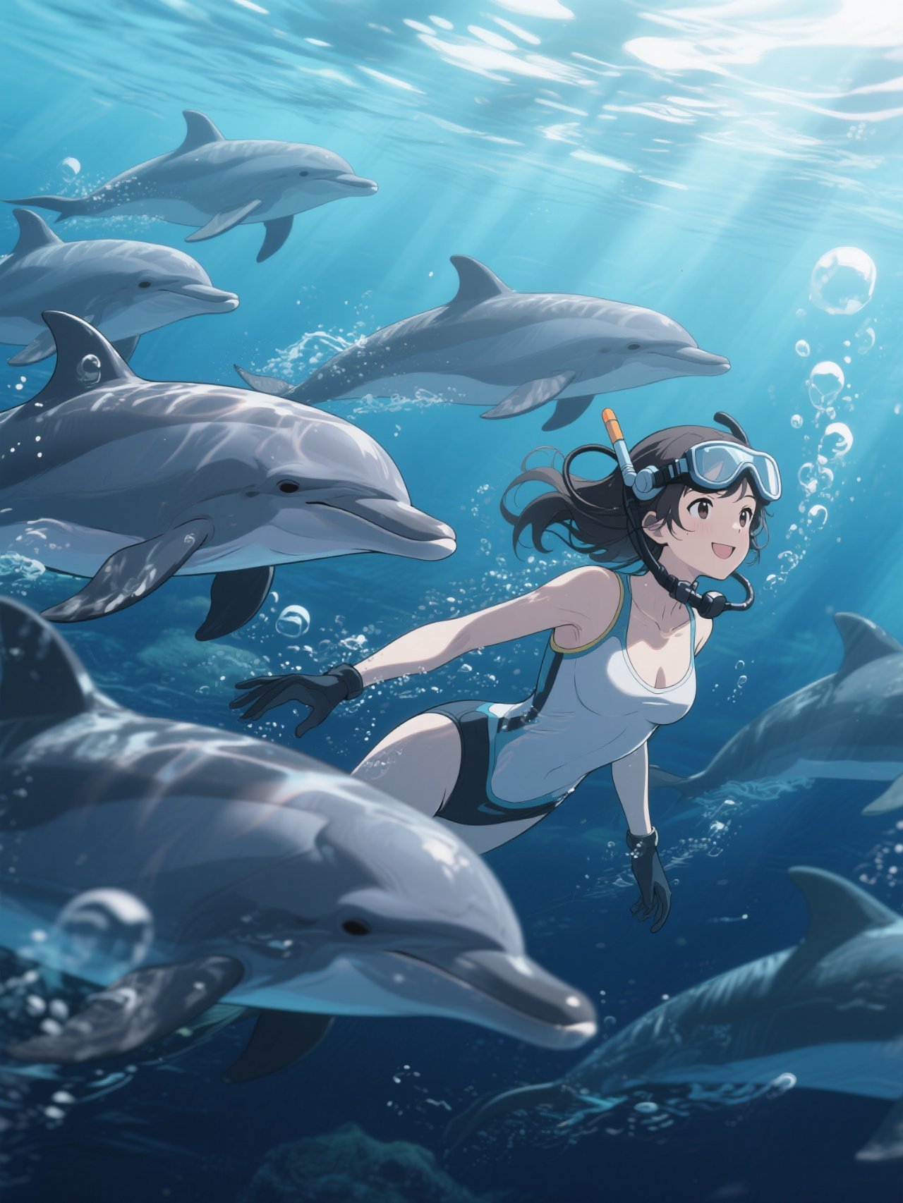 人懐っこいイルカと海の中でランデブー。