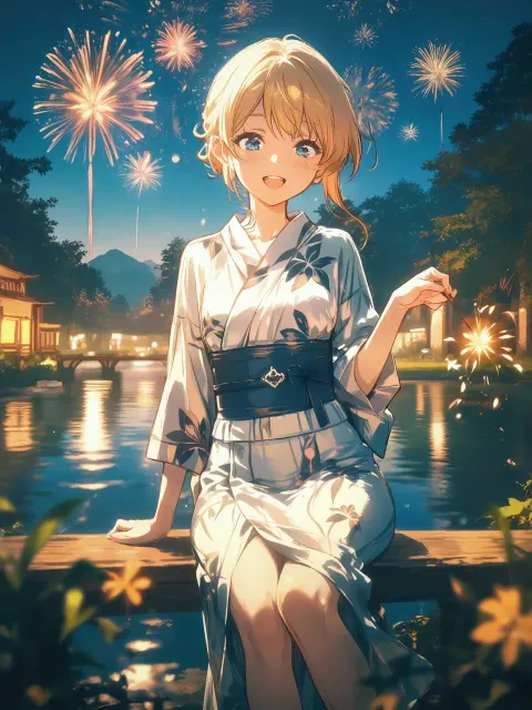 自然豊かな川床で浴衣を来て線香花火をしている綺麗なお姉さん