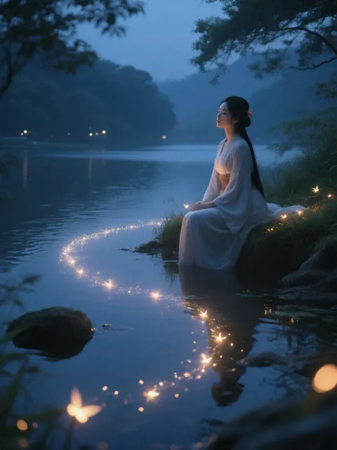 幻想的な蛍の光の軌跡と水辺の夜景、和の自然、人物なし - 蛍狩りの宵