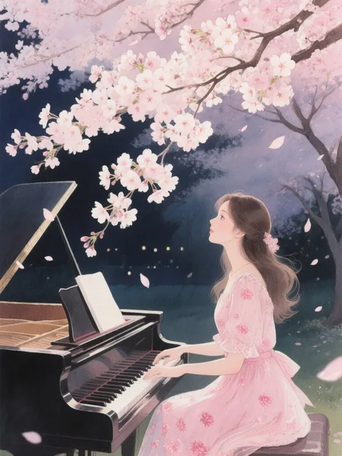 桜並木、桜をクローズアップさせて、桜の花びらが舞う下で