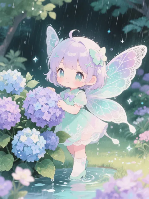 chibi fairy、hydrangea - 雨上がりの紫陽花