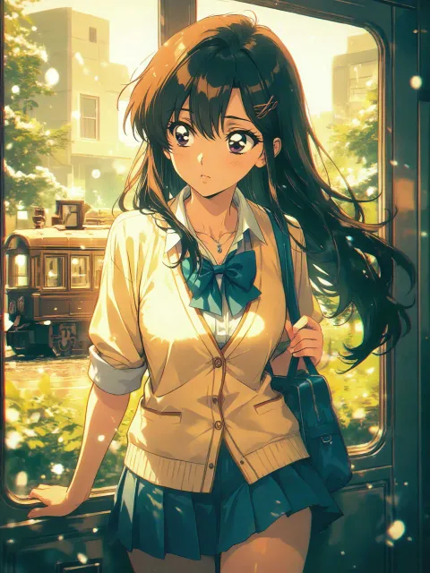 制服の美少女、路面電車の中、通学中、レトロな街並みの車窓
