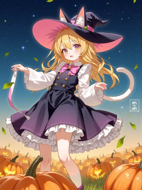 ねこ耳の魔女の女の子、かぼちゃ畑