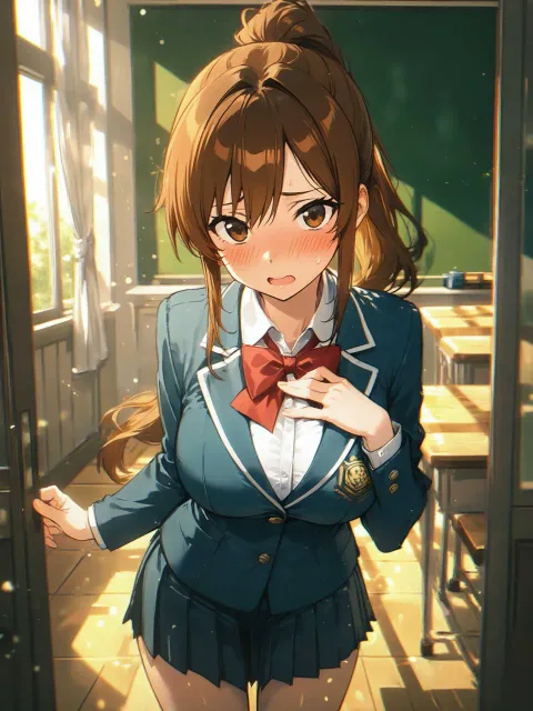 明るい茶髪、ポニーテール、茶色の目、大きな胸 - 昼 vs 夜