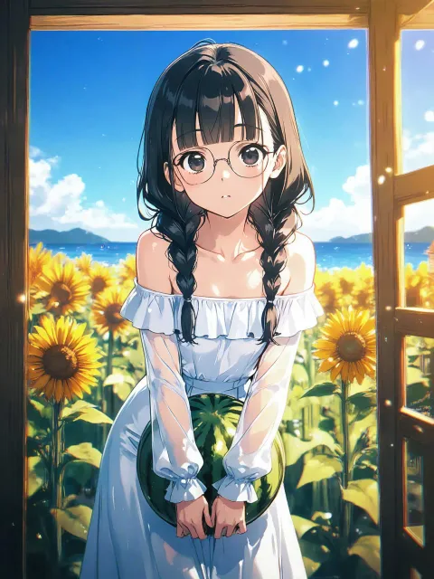 ひまわり畑の美少女、青空とひまわり畑、髪をなびかせ