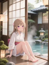 温泉旅館の朝、陽子。