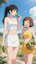 キュウリを食べる姉妹
