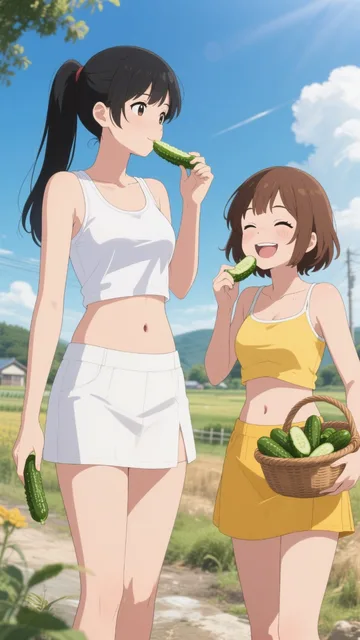 キュウリを食べる姉妹