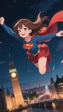 ロンドン飛行中のスーパーガール