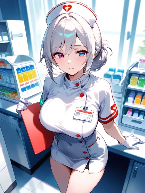薬剤師、ナース服を着た25歳女性、薬局のカウンター - 制服 vs 私服