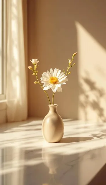 陶器の花瓶に一輪の花を挿し、白い大理石の表面に置かれた静物画