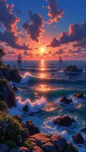 夏の海岸の夕日 — はるるさんのAIイラスト