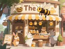 蜂が蜂蜜屋さんをしている,蜂蜜を買いに来た動物達,ユーモラス