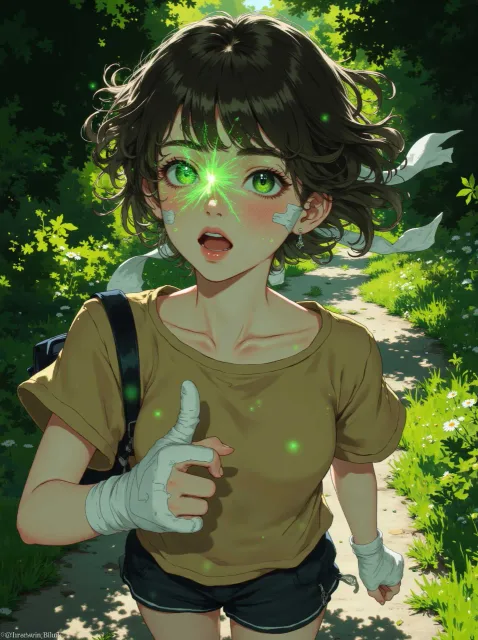 顔と手に絆創膏をはった少女、greenの光彩が煌めく