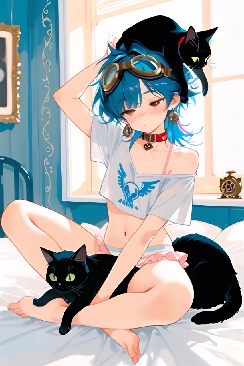 朝はやっぱり眠いです…パンク娘と黒ニャンコ…青