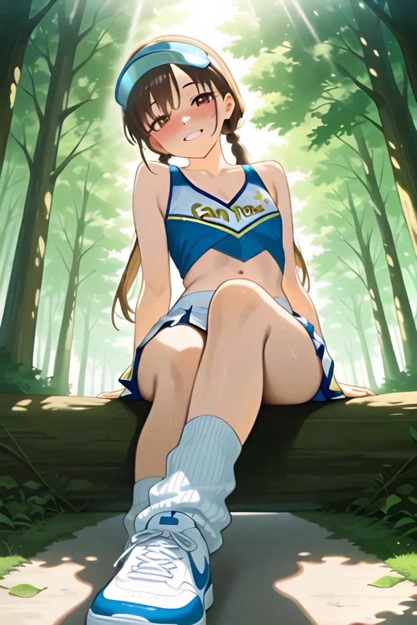 木陰で座る三つ編みチアガール…茶