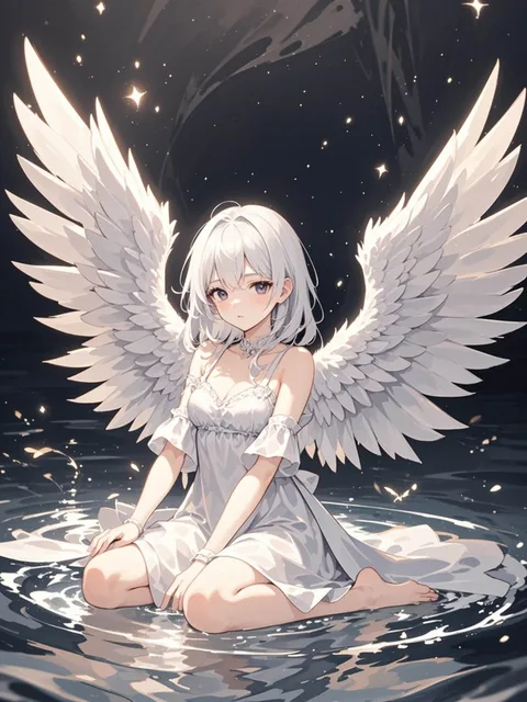 白い髪の少女が白いドレスをまとい、水面に座り込んで俯いている