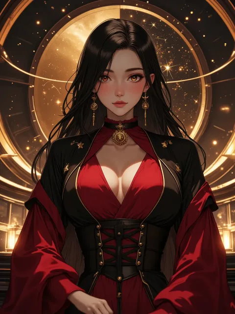 きちんとした服装、蠍座をイメージした深紅と黒の衣装の成年女性