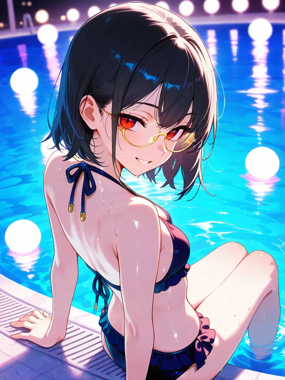 赤い瞳、黒髪ショートカット、生意気 - 真夏のナイトプール