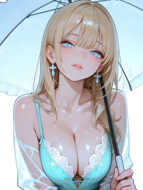 色っぽい成年女性、傘の下、深い胸の谷間、バストアップ - 雨の日
