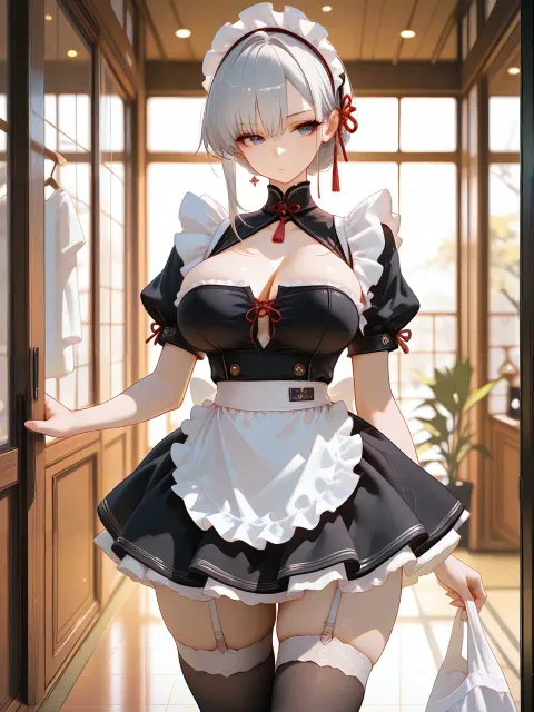 メイド服を着た色っぽい成年女性、洗濯物を抱えた廊下 - メイド総選挙