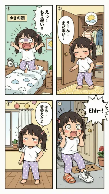 4コマ漫画「慌てん坊」 1コマ目、寝坊して慌てて起きる少女