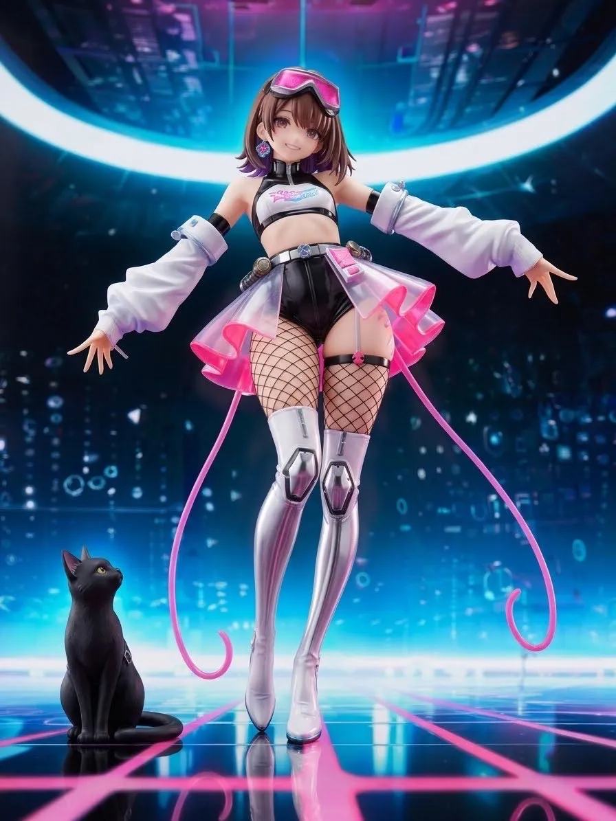 サイバーなeスポーツ会場にやってきた…パンク娘と黒ニャンコ…フィギュア…茶