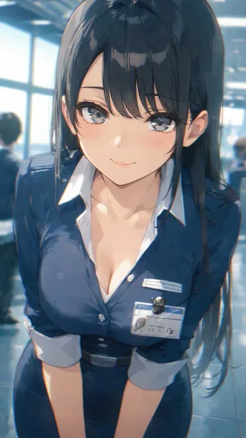 空港のロビー、ノーハット、紺のキャビンアテンダントの制服