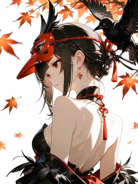 天狗の面をした美少女 和風 烏 紅葉 秋… - 涙 vs 無表情