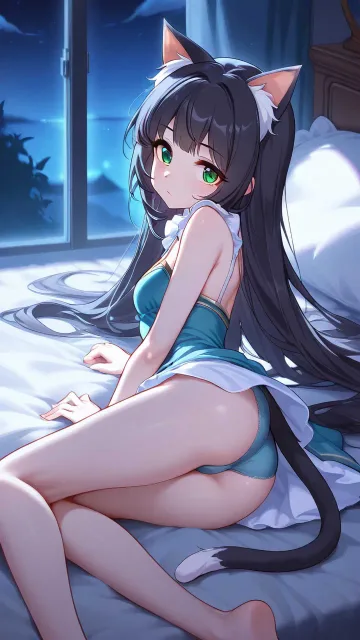 プリンセスコネクト、キャル、小さい胸、緑の瞳、黒髪ロング - 猫娘