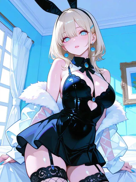 黒いミニドレスと網タイツの色っぽい成年女性、恍惚な表情