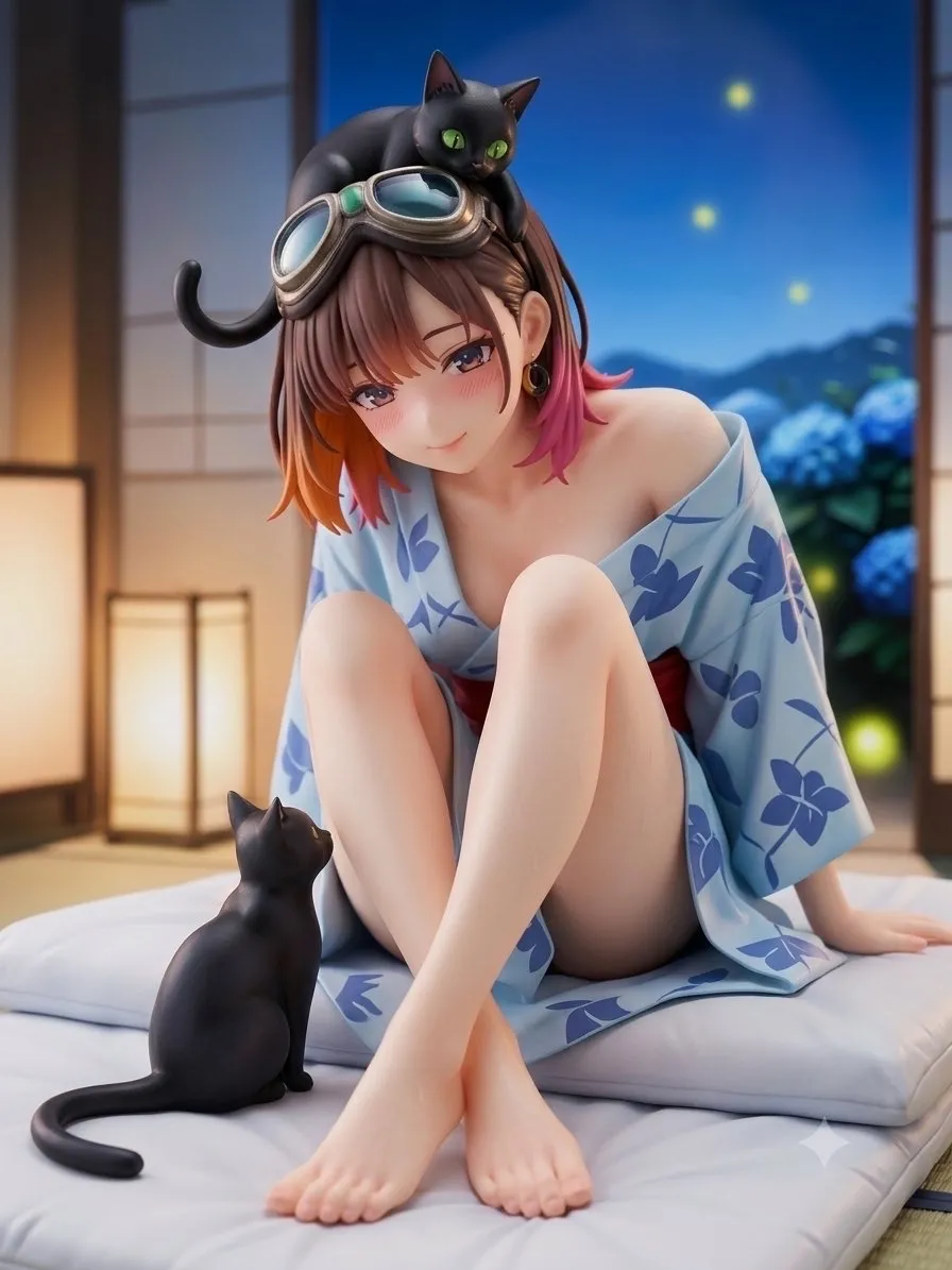寝苦しい夜に浴衣ですわ…パンク娘と黒ニャンコ…フィギュア…茶