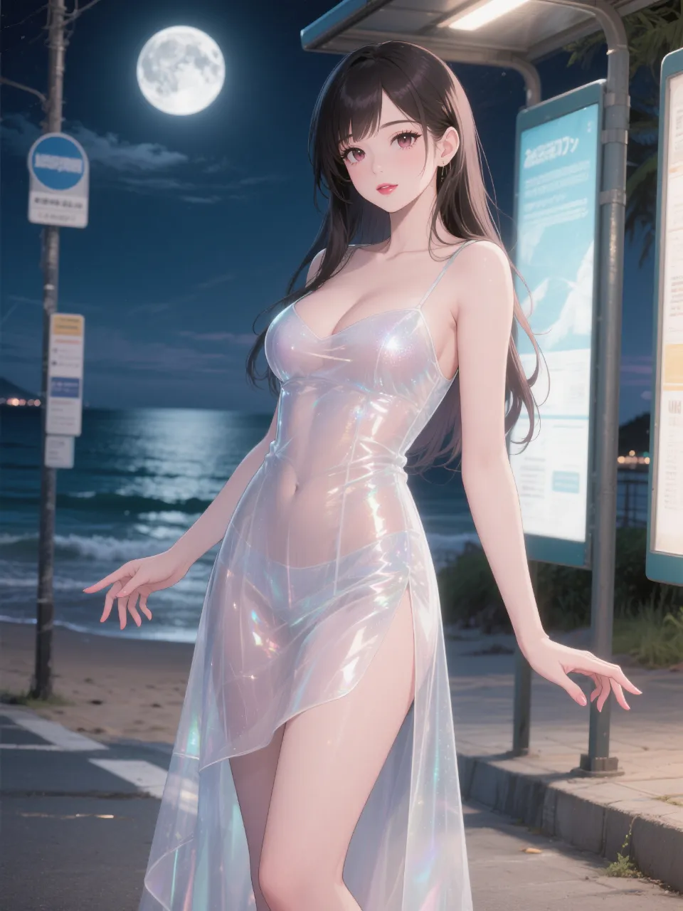 満月の今宵。久しぶりの人間の姿。でもこのドレス透けてない?これじゃ街出れないわ。 — しんのすけさんのAIイラスト