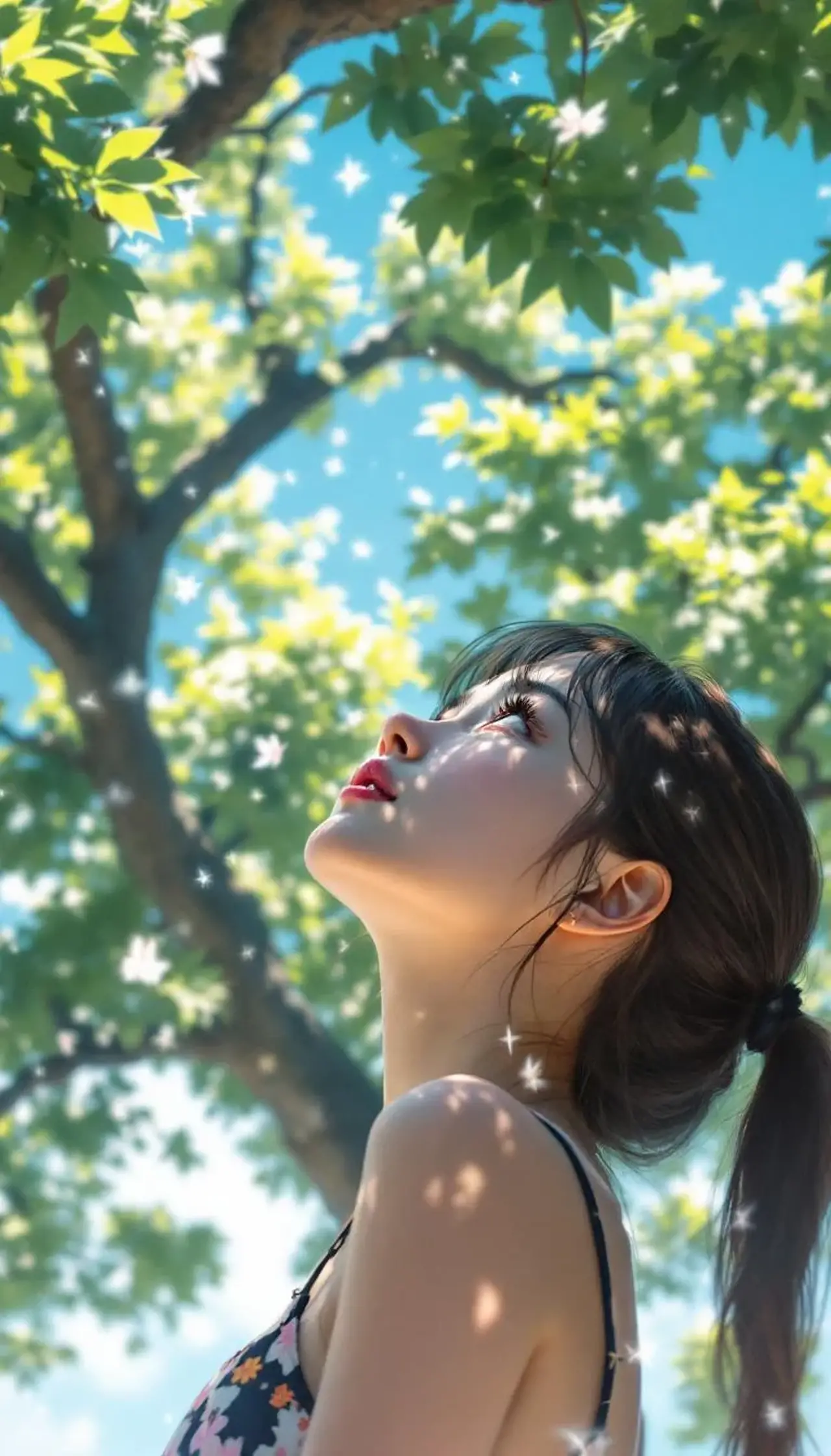 初夏に、大きな木の下で眩しそうに空を見上げる少女の様子 — SUPP59509422さんのAIイラスト