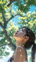 初夏に、大きな木の下で眩しそうに空を見上げる少女の様子 — SUPP59509422さんのAIイラスト