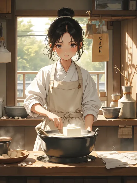 白い前掛けをつけて袖をまくった日本人の少女の豆腐屋 - 豆腐屋の朝