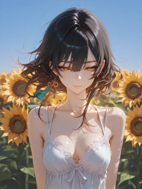 ひまわり畑の美少女、青空とひまわり畑、大人の色気 - 向日葵畑の少女