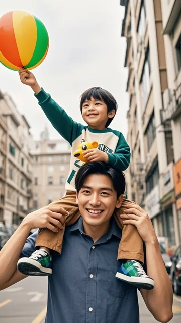 父が息子を肩に乗せて街を歩き、手におもちゃの風船を持っている
