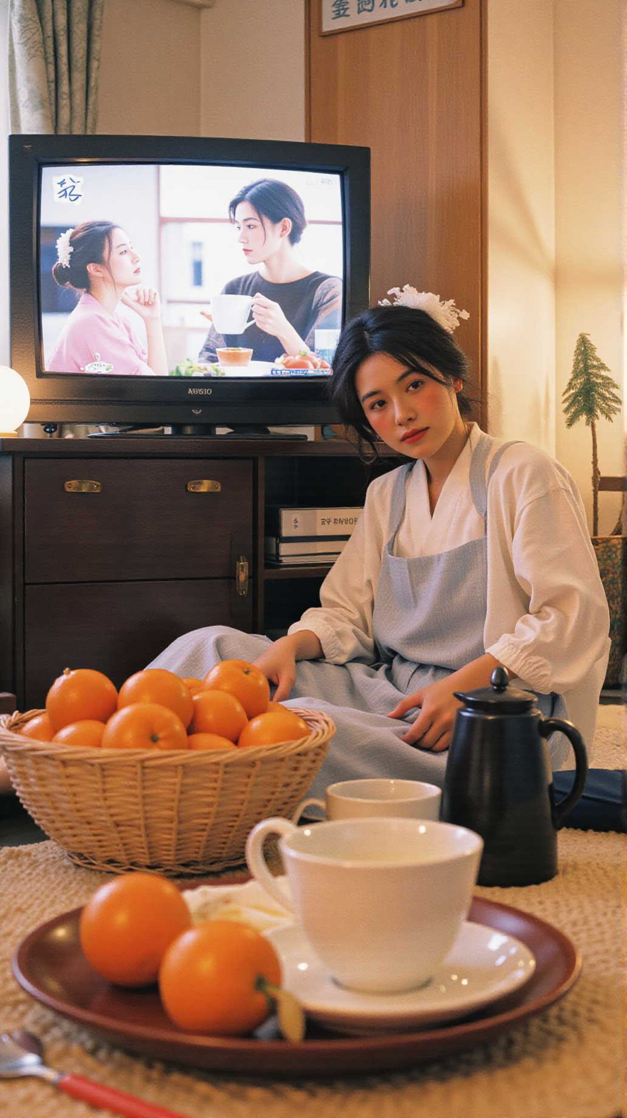 Mikan oranges and tea on a kotatsu, New Year TV program in the background, relaxed afternoon, cozy everyday realism, natural colors, ultra-detailed — yuna97さんのAIイラスト
