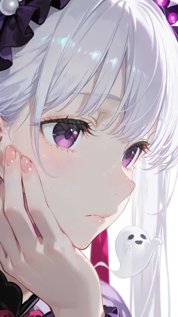 ふわふわした白いおばけを擬人化した可愛いアニメ少女、真っ白な髪、淡い紫色の大きな瞳、頭の上に小さな幽霊の光、頬にほんのり…