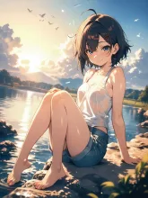 晩夏の川岸で
