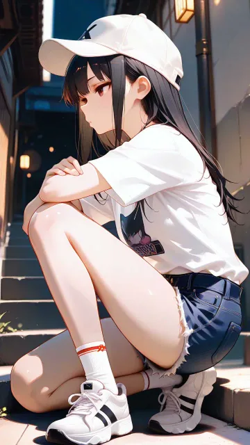 脚の美しい少女、13歳、白いTシャツとデニムショートパンツ