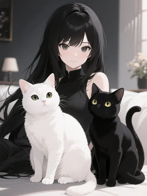 黒髪の美人 白猫と黒猫 - 画像生成チャレンジ