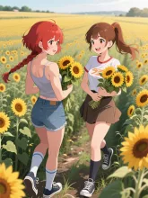 双子とひまわり畑 — 向日葵畑イラストのAIイラスト｜SUPPART