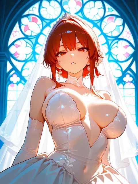純白のウェディングドレスの美しく色っぽい成年女性
